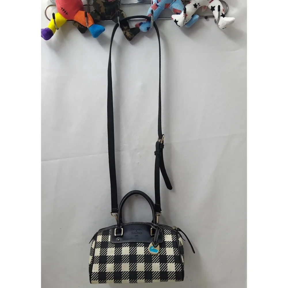 Dooney & Bourke Black White Checker Canvas Leather Trim Top Handle Satchel Bag
